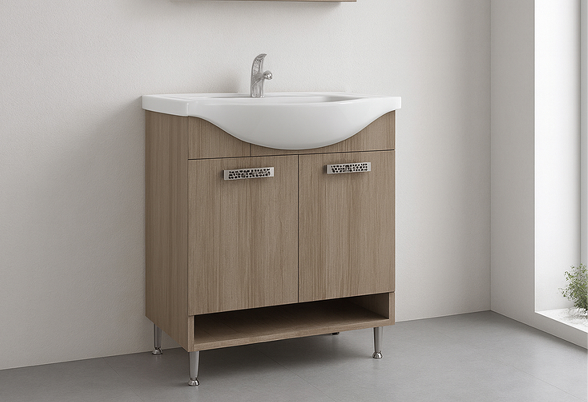 Απεικονίζεται ο πάγκος και ο νιπτήρας του επίπλου μπάνιου